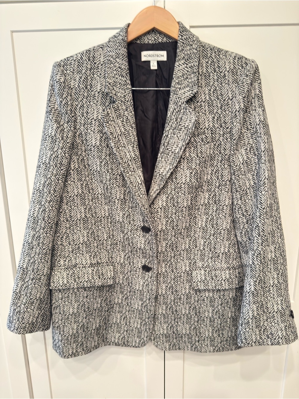 Nordstrom Black & White Herringbone Wool Blend Blazer Jacket L